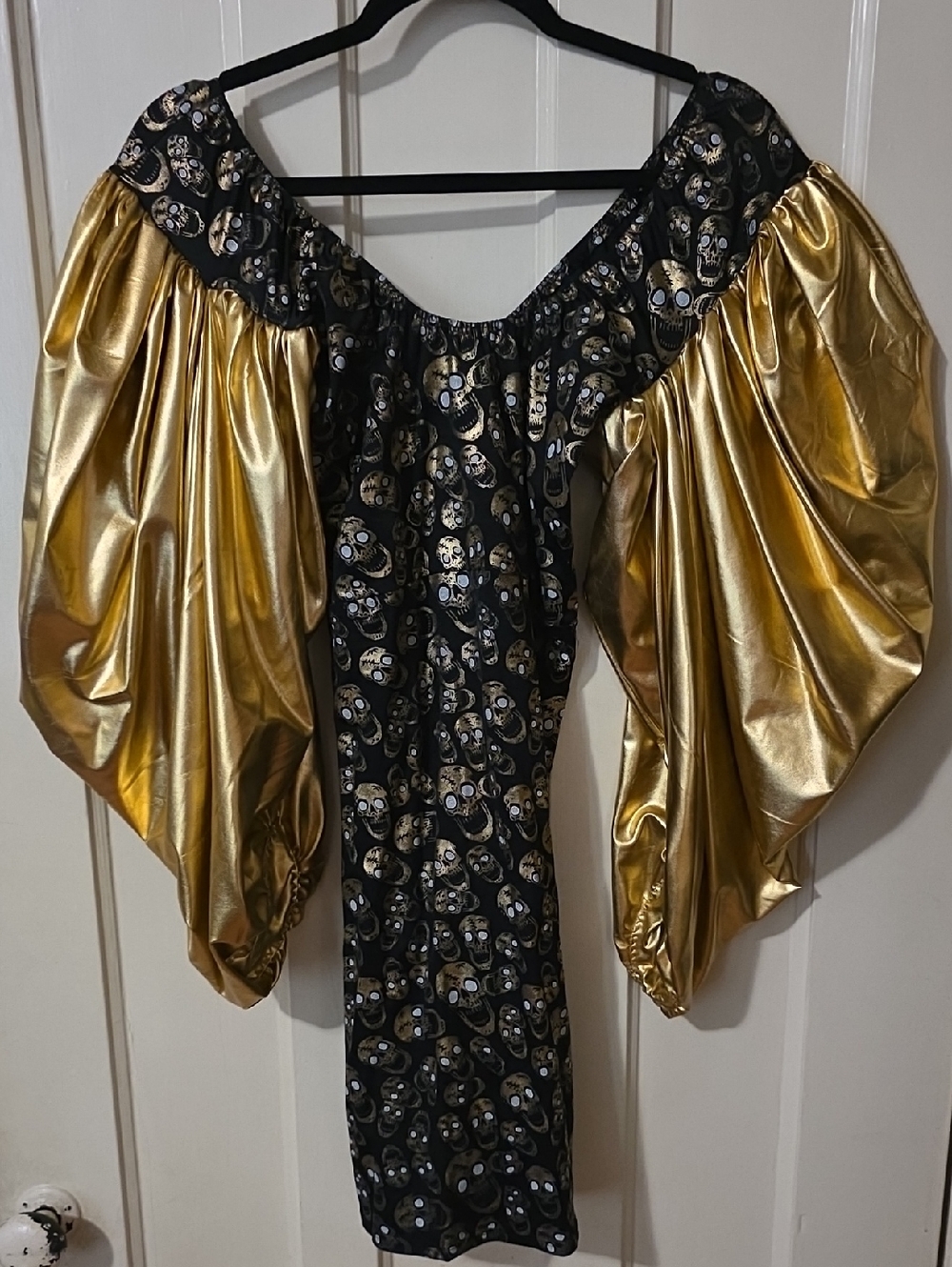 Black Dress with Gold Metallic Puff Sleeves and Skull Print
